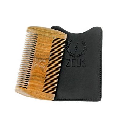 ZEUS Double-Sided Sandalwood Beard Comb, Wooden Beard &amp; Mustache Comb with Leather Sheath for Men, Travel Friendly Beard Comb (R31)