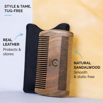 ZEUS Double-Sided Sandalwood Beard Comb, Wooden Beard &amp; Mustache Comb with Leather Sheath for Men, Travel Friendly Beard Comb (R31)