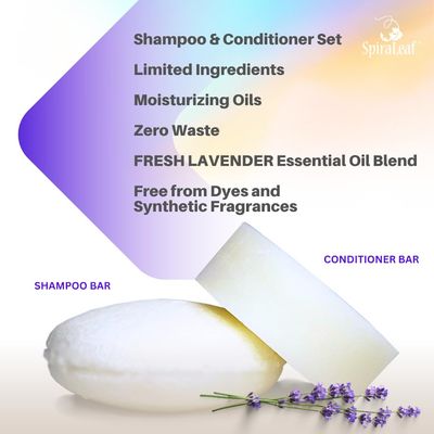 SpiraLeaf Shampoo Bar &amp; Conditioner Bar Set, FRESH LAVENDER Pure Essential Oils, Light Scent, Limited Ingredients, Concentrated Formula, Made USA, Zero Waste, Color-Fragrance Free, Travel Ready