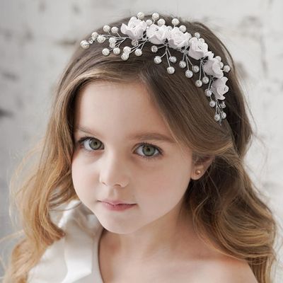 Campsis Flower Girl Headpiece White Pearl Wedding Headbands Rhinestone Hair Piece Tiara Bridal Bride for Women and Girls