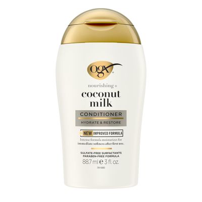 OGX Nourishing + Coconut Milk Moisturizing Conditioner, Hydrating &amp; Restoring Conditioner Moisturizes for Soft Hair After the First Use, Travel Size, TSA-Compliant, 3 fl. oz
