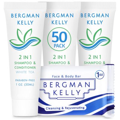 BERGMAN KELLY Rectangle Soap Bars, 2in1 Shampoo &amp; Conditioner 2-Piece Set (White Tea, 1 oz each, 100 pc), Delight Your Guests with Revitalizing &amp; Refreshing Sanitary Toiletries &amp; Hotel Amenities