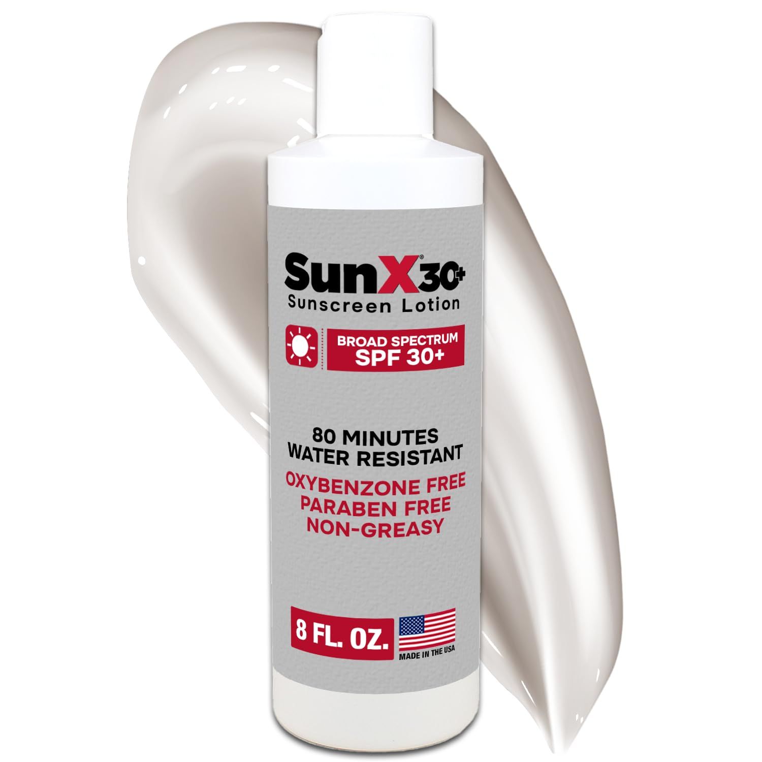 CoreTex Sun X 30+ SPF Sunscreen Lotion (8oz.) - Free of Parabens, Oxybenzone, &amp; Octinoxate - USA-Made Broad Spectrum (UVA/UVB) Sunscreen - Water &amp; Sweat Resistant Up to 80 Min.