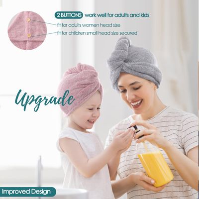 JEFFSUN Microfiber Hair Towel Wrap for Women Girls, 2 Pack Super Absorbent Quick Dry Wet Hair Turban for Drying Curly Long Thick Frizzy Hair, 2 Buttons Closure Hair Care Routine Must Have