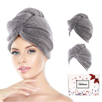 JEFFSUN Microfiber Hair Towel Wrap for Women Girls, 2 Pack Super Absorbent Quick Dry Wet Hair Turban for Drying Curly Long Thick Frizzy Hair, 2 Buttons Closure Hair Care Routine Must Have