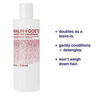MALIN+GOETZ cilantro conditioner residue-free, lightweight scalp treatment. conditions, detangles, balances pH, intensely hydrates. tames frizz for all hair types. vegan &amp; cruelty-free, 8 Fl oz