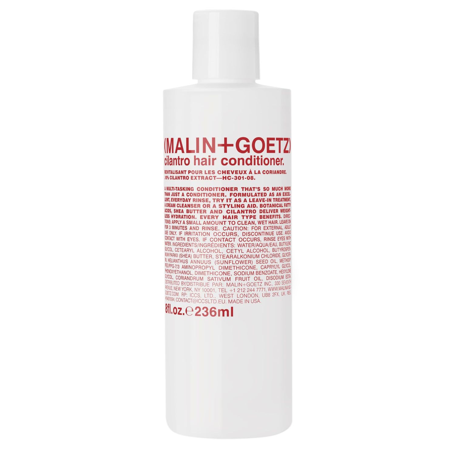 MALIN+GOETZ cilantro conditioner residue-free, lightweight scalp treatment. conditions, detangles, balances pH, intensely hydrates. tames frizz for all hair types. vegan &amp; cruelty-free, 8 Fl oz