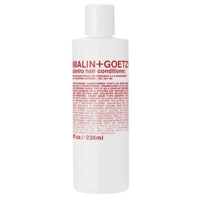 MALIN+GOETZ cilantro conditioner residue-free, lightweight scalp treatment. conditions, detangles, balances pH, intensely hydrates. tames frizz for all hair types. vegan &amp; cruelty-free, 8 Fl oz