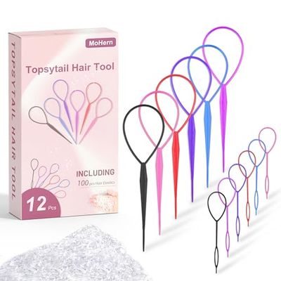 Topsy Tail Hair Tool for Women with 100 Colorful Hair Elastics, 12 Pcs Pull-Through Hair Accessories for Girls by MoHern