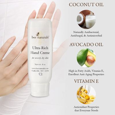 Bee Naturals Ultra-Rich Hand Cream - Transform Dry, Cracked Skin with Intense Hydration &amp; Repair - Coconut &amp; Avocado Oils + Beeswax for Luxuriously Smooth, Soft Hands