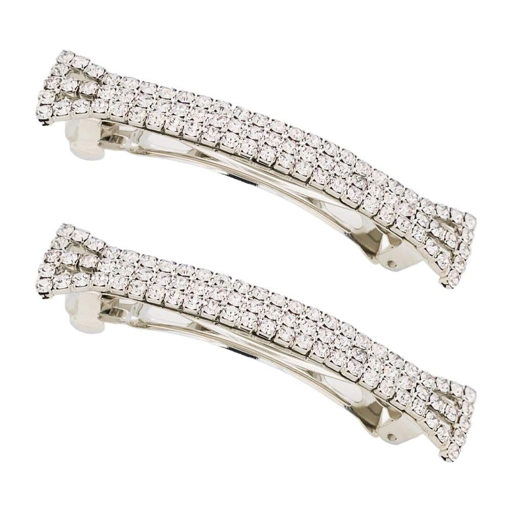 lasenersm Hair Clip, 2 Pieces Hair Accessory with Three Row Rhinestone Crystal, Hair Barrette Clip for Girls and Women, 2.75 in Length, Silver