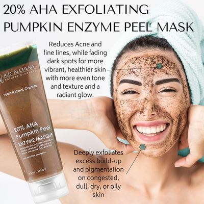 100% Natural & Organic AHA Exfoliating Pumpkin Enzyme Peel Masque - 10% Pumpkin & Papaya enzymes + 20% AHAs including Glycolic, Lactic, Citric & Tartartic Acids. Revives, Firms, Brightens Skin