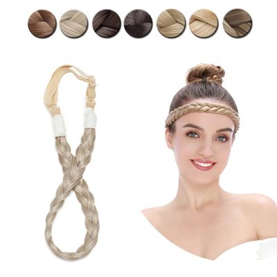 Chunky Braided Headband Elastic Hair Band with Wide Synthetic Blonde and Black Braids for Girls and Women (Small-three strands, 9/10)