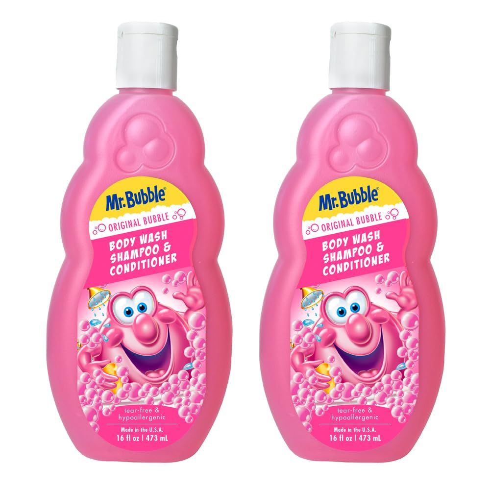 Mr. Bubble Kids Original 3in1 Shampoo, Conditioner, Body Wash - Hypoallergenic, Tear Free Bubble Gum Scented, Creates Big Bubbles In The Tub And Shower (Pack Of 2 Bottles, 16 fl oz Each)
