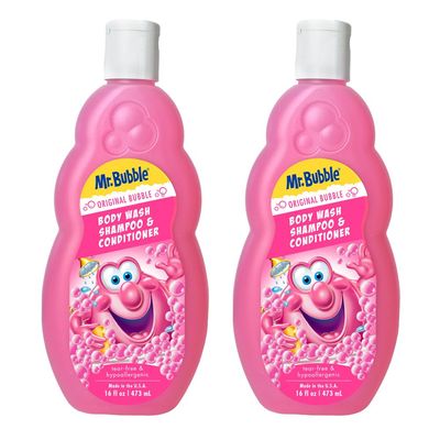 Mr. Bubble Kids Original 3in1 Shampoo, Conditioner, Body Wash - Hypoallergenic, Tear Free Bubble Gum Scented, Creates Big Bubbles In The Tub And Shower (Pack Of 2 Bottles, 16 fl oz Each)
