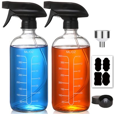 AOZITA 16oz Clear Glass Spray Bottles with Measurements - Empty Reusable Refillable Container with Funnel and Labels for Mixing Essential Oils, Homemade Cleaning Products (2 Pack)