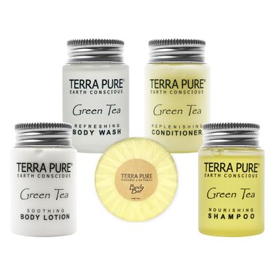 Terra Pure Hotel Soaps &amp; Toiletries Bulk Set | 1-Shoppe Amenities Kit | 1oz Shampoo &amp; Conditioner, Body Wash, Lotion, 1.25oz Bar Soap | Travel Size | 75 Pieces