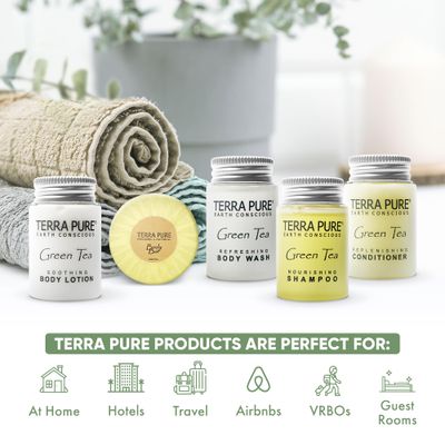 Terra Pure Hotel Soaps &amp; Toiletries Bulk Set | 1-Shoppe Amenities Kit | 1oz Shampoo &amp; Conditioner, Body Wash, Lotion, 1.25oz Bar Soap | Travel Size | 75 Pieces