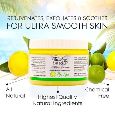 The Keys Sea Salt Scrub-Exfoliating Body Scrub with Wooden Spoon - Organic Florida Key Lime Face, Hand, Foot & Bikini scrub- Sea Salt Body Exfoliator with Essential Oils (Key Lime, 12 oz - 3 Pack)