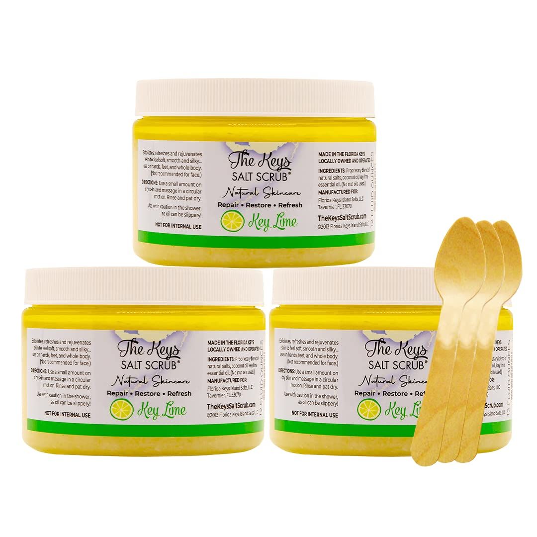 The Keys Sea Salt Scrub-Exfoliating Body Scrub with Wooden Spoon - Organic Florida Key Lime Face, Hand, Foot &amp; Bikini scrub- Sea Salt Body Exfoliator with Essential Oils (Key Lime, 12 oz - 3 Pack)