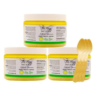 The Keys Sea Salt Scrub-Exfoliating Body Scrub with Wooden Spoon - Organic Florida Key Lime Face, Hand, Foot &amp; Bikini scrub- Sea Salt Body Exfoliator with Essential Oils (Key Lime, 12 oz - 3 Pack)