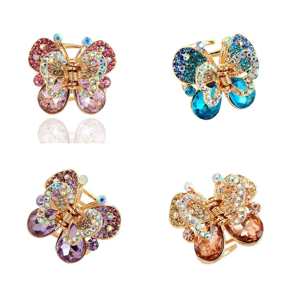 Ruihfas Fashion 4Pcs Rare Crystal Rhinestone Butterfly Bangs Clip Bow Hair Claw Gripper for Girl Women 1.261.10 inch