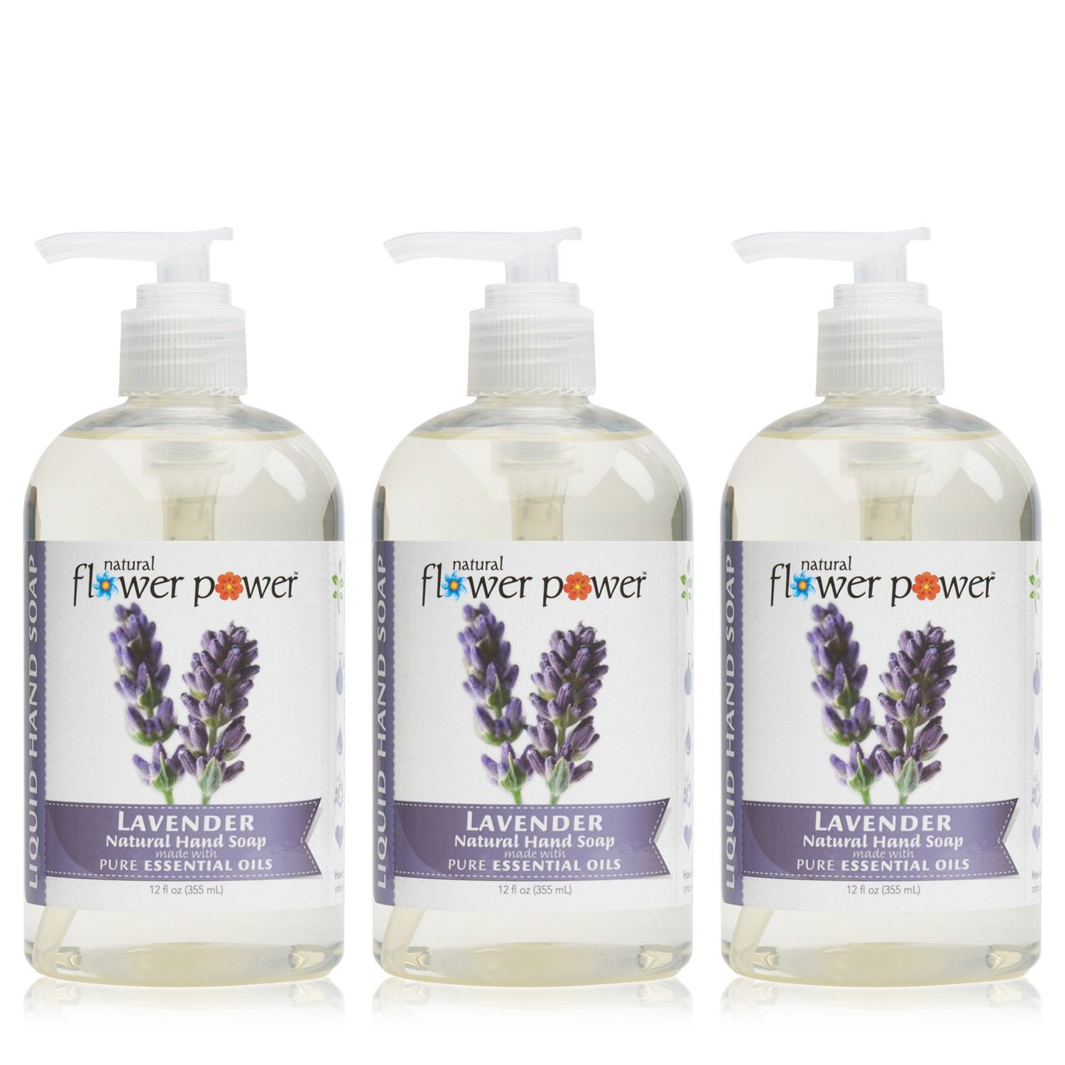Natural Flower Power Moisturizing Liquid Hand Soap - Lavender - Plant-Based + Aloe Vera - Scented w/ Pure Essential Oils - Natural Hand Wash Kitchen + Bathroom - 12 Fl Oz Pump Bottles (Pack of 3)