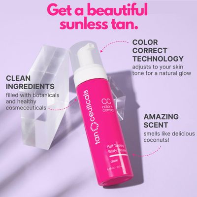 Tanceuticals CC Self Tanning Body Mousse - Dark Self Tanner - Color Correcting &amp; Natural-Looking - Healthy Ingredients &amp; Fresh Coconut Scent Give Instant, Long-Lasting Sunless Tan - 6.7 oz (Dark)