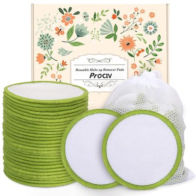 ProCIV Reusable Makeup Remover Pads - 20 Packs Washable Organic Bamboo Reusable Cotton Rounds for All Skin Types &amp; Toner with Laundry Bag, Zero Waste Soft Reusable Cotton Pads for Woman Gift (Green)