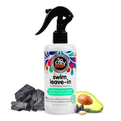 SoCozy Swim Leave In Conditioner Spray &amp; Treatment for Kids Hair (8 Fl Oz) Protects &amp; Repairs Pool, Sun &amp; Salt Damaged Hair, Gentle Formula with Activated Charcoal, Vitamin B5 &amp; Sunflower Seed Extract