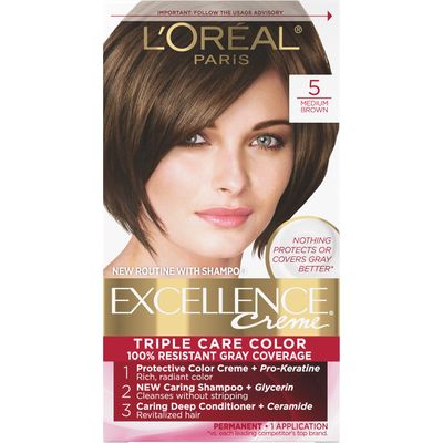 L&#39;Oreal Paris Excellence Creme Permanent Triple Care Hair Color, 5 Medium Brown, Gray Coverage For Up to 8 Weeks, All Hair Types, Pack of 1