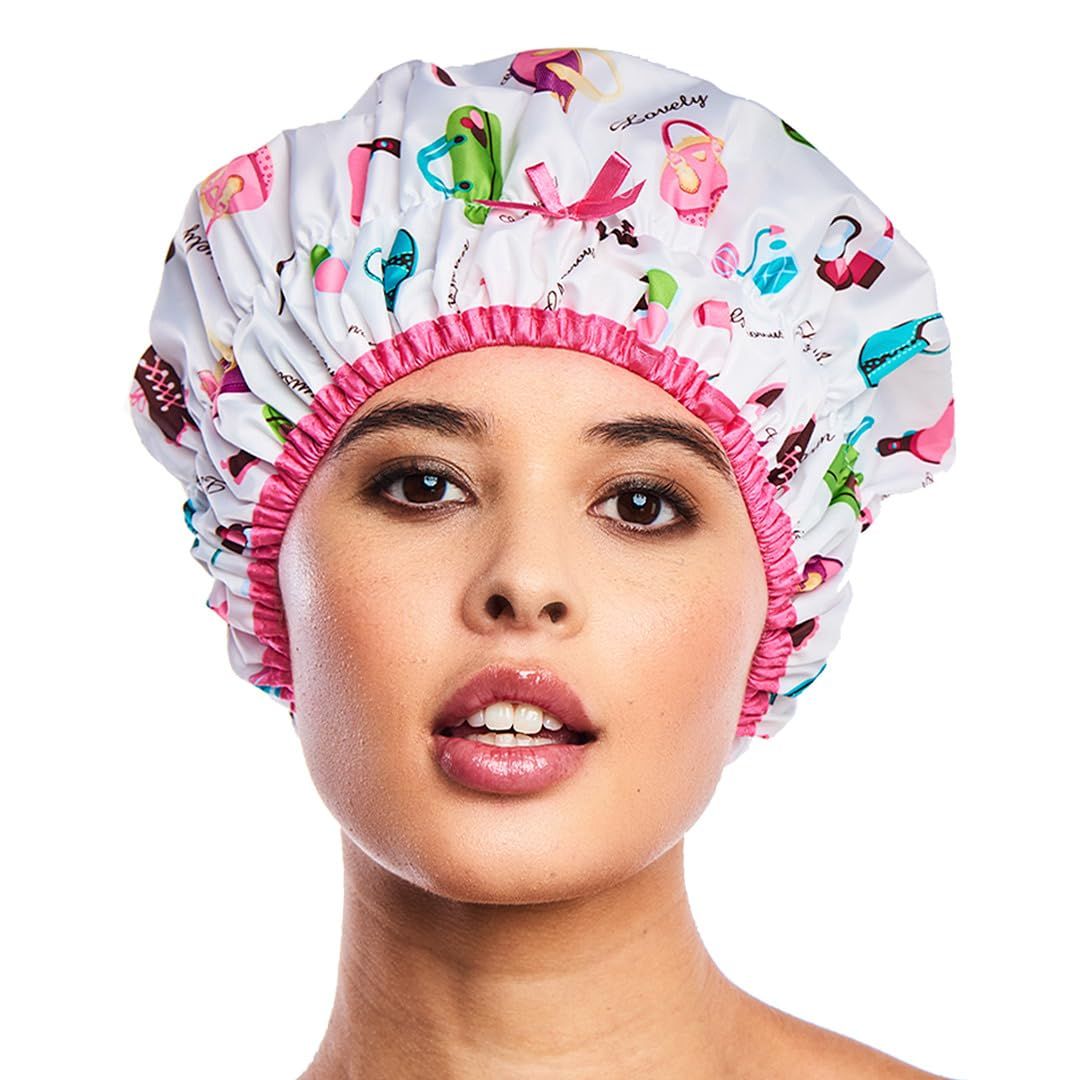 Reusable Shower Cap &amp; Bath Cap, Lined, Oversized Waterproof Shower Caps Large Designed for all Hair Lengths with Lining &amp; Elastic Band Stretch Hem Hair Hat - Fashionista Diva