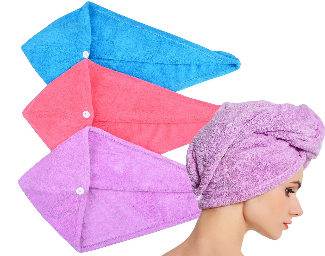HOPESHINE Hair Towel Twist Women&#39;s Soft Shower Towels for Hair Turban Wrap Drying Head Towels Great Gift for Women (Blue+Purple+Rose Red 3-Pack)