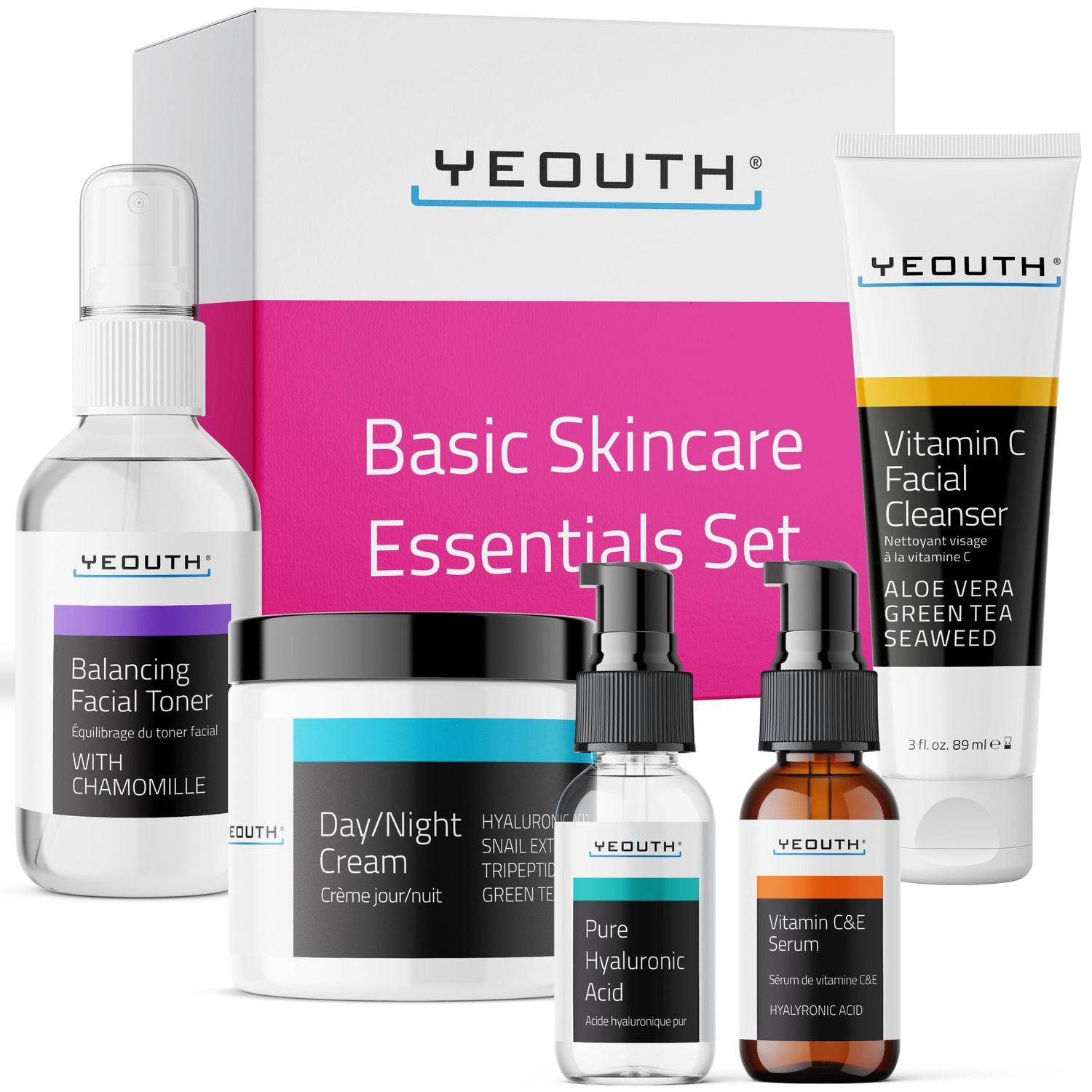 YEOUTH Hyaluronic Acid Serum for Face, Vitamin C Serum, Face Cleanser, Toner &amp; Cream, Hydrating Skin Care Gift Set 5-Piece