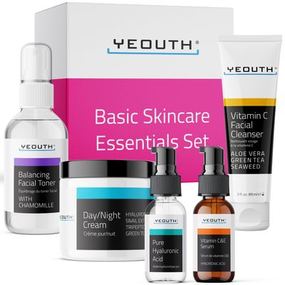 YEOUTH Hyaluronic Acid Serum for Face, Vitamin C Serum, Face Cleanser, Toner &amp; Cream, Hydrating Skin Care Gift Set 5-Piece