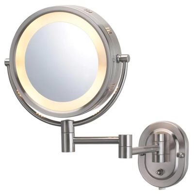 JERDON Two-Sided Wall-Mounted Makeup Mirror with Halo Lighting - Lighted Makeup Mirror with 5X Magnification &amp; Wall-Mount Arm - Plug in Round Mirror with Nickel Finish Wall Mount - Model HL65N