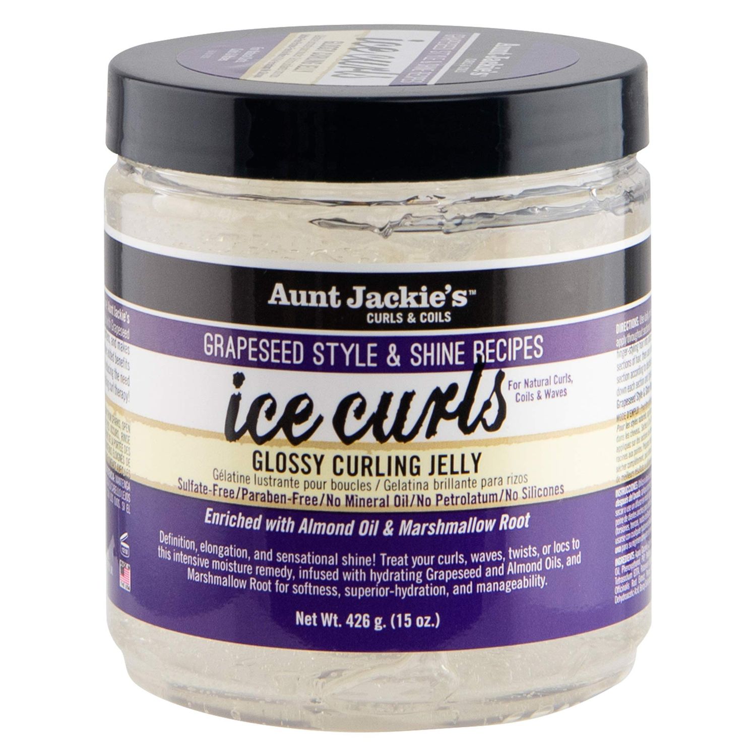 Aunt Jackie&#39;s Grapeseed Style and Shine Recipes Ice Curls Glossy Curling Jelly, Hydrates, Softens, Makes Waves, Curls and Coils Easier to Style, 15oz