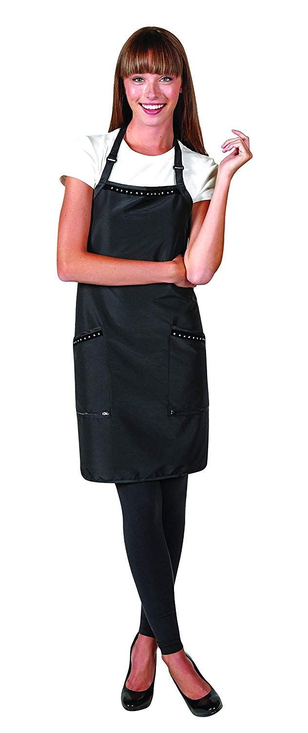 Betty Dain Glitz Salon Stylist Apron, Stylish, Lightweight, Versatile Color with Rhinestone Accents, Wrinkle Free Poly Nylon for Durability, Bottom Zipper Pockets, Adjustable Neck Closure, Black