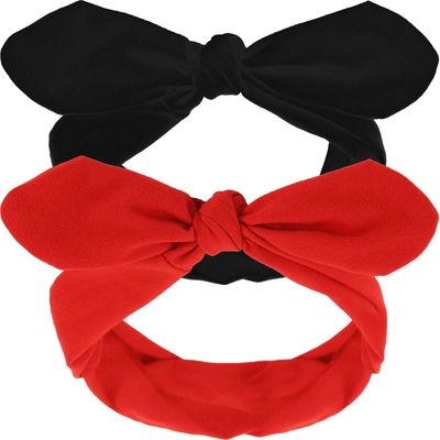 Hicarer 2 Pcs Valentine&#39;s Day Bandana Headband for Women Retro Cotton Wide Headwrap with Bows Vintage Valentine Day Decor Adjustable Rabbit Ear Bow Hairband for Women and Girls(Red and Black)
