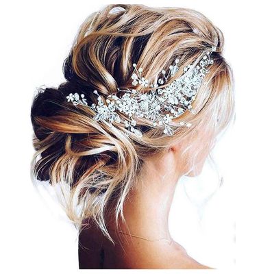 Unicra Bride Flower Wedding Hair Vine Crystal Bridal Hair Piece Rhinestone Party Hair Accessories Leaf Jewelry Bead Headpiece for Women and Girls (Silver)