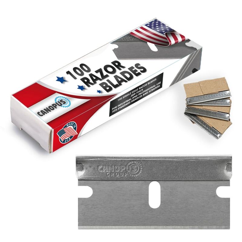 CANOPUS Single Edge Industrial Razor Blades, 100% Made in USA, Heavy Duty Straight Edge Razors, Box &amp; Carton Cutter Replacement Blades, Glass &amp; Paint Scraper Razor Blades (Box of 100)