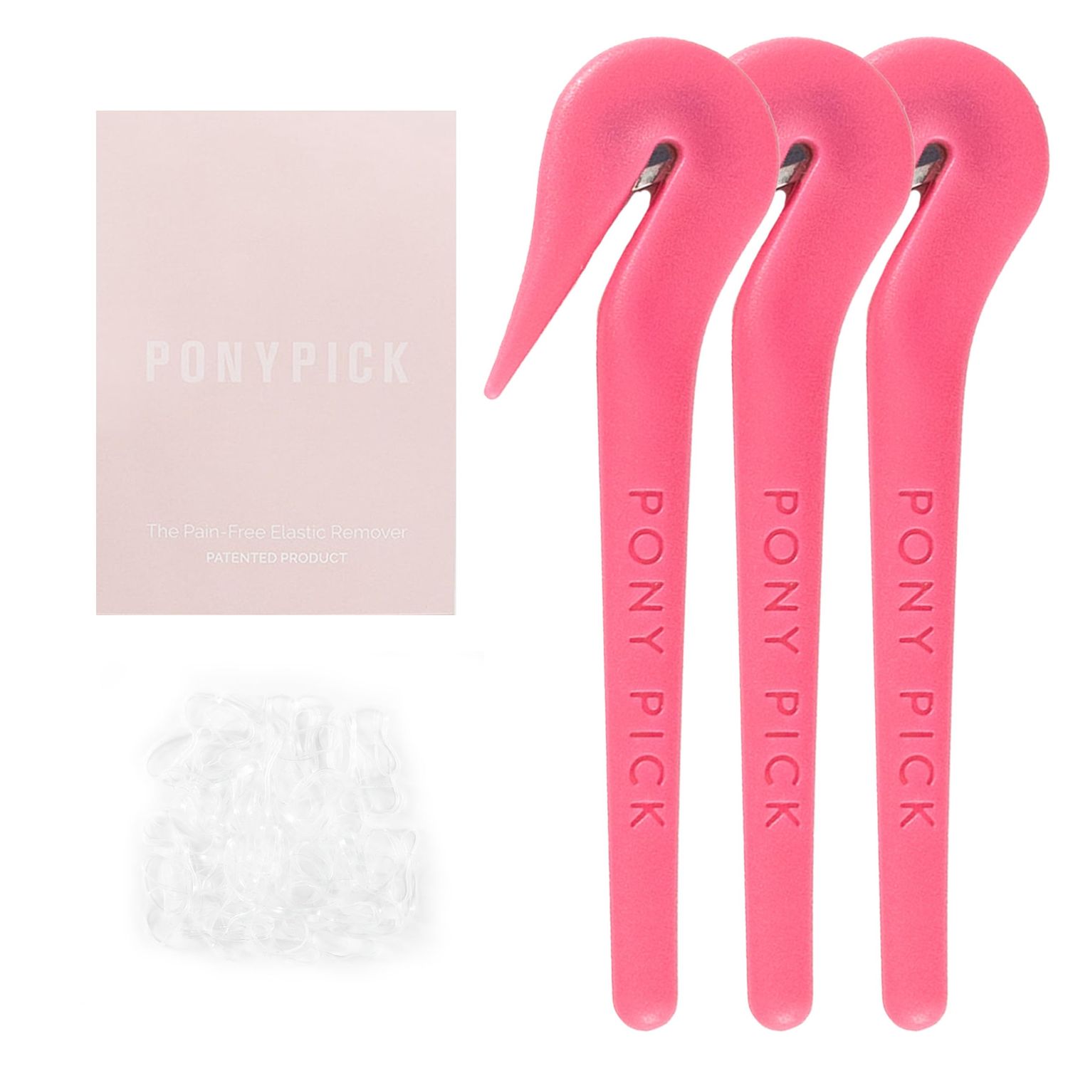 THE PONY PICK Hair Elastic Rubber Bands Cutter Tool - Easy To Use, Pain Free, No Hair Damage - Ponytail Cutter Tool for Kids &amp; Toddlers (3 Packs of Pony Pick &amp; 50 Clear Hair Elastics)