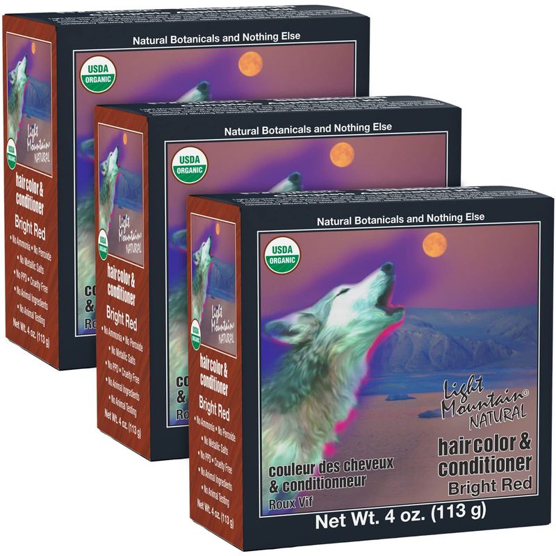Light Mountain Henna Hair Color &amp; Conditioner - Bright Red Hair Dye for Men/Women, Organic Henna Leaf Powder and Botanicals, Chemical-Free, Semi-Permanent Hair Color, 4 Oz (Pack of 3)