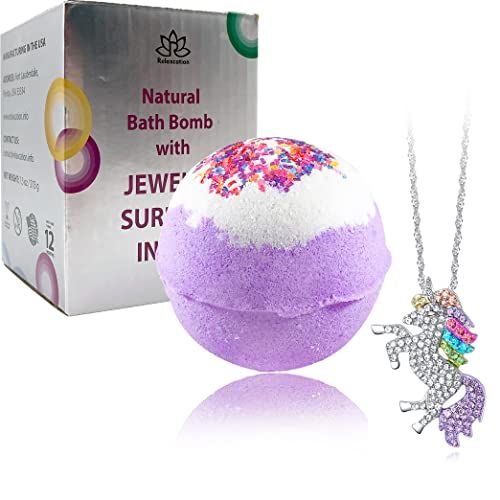 Unicorn Bubble Bath Bomb with Unicorn Necklace Inside. Extra Large Bath Ball (8 oz) in Giftable Box, 100% Natural Ingredients for Sensitive Skin. Gift on Easter, Birthday, Mother Day, Xmas