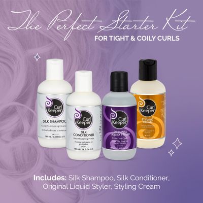 Curl Keeper Tight Curl Starter Kit for Coily Hair - Travel Size Set Includes Original Liquid Styler, Silk Shampoo, Silk Conditioner & Styling Cream - Maximum Definition & Shine with Zero Frizz