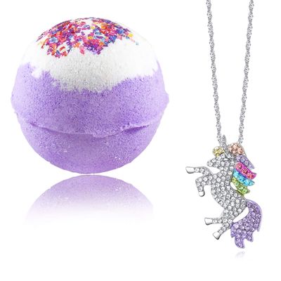 Unicorn Bubble Bath Bomb with Unicorn Necklace Inside. Extra Large Bath Ball (8 oz) in Giftable Box, 100% Natural Ingredients for Sensitive Skin. Gift on Easter, Birthday, Mother Day, Xmas