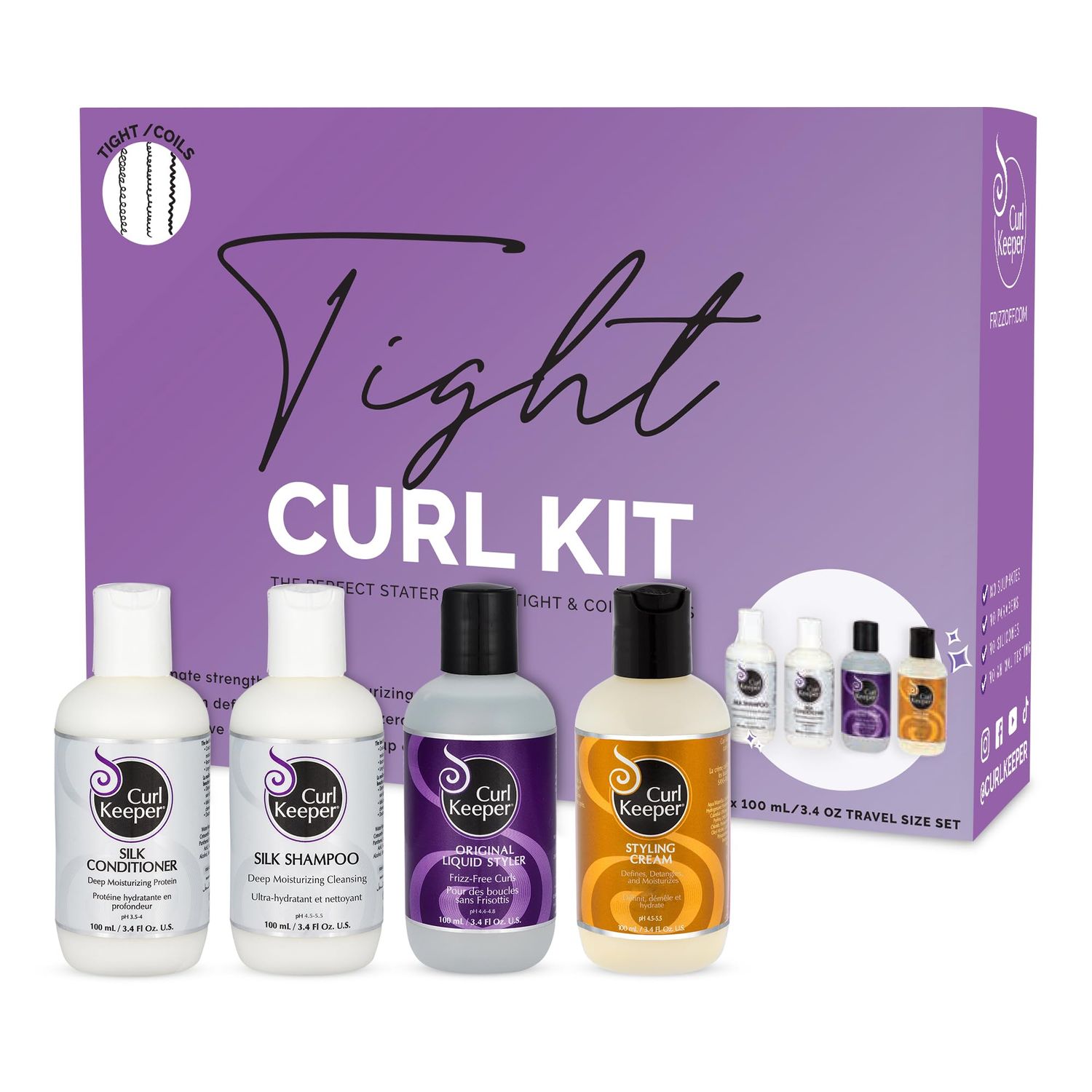 Curl Keeper Tight Curl Starter Kit for Coily Hair - Travel Size Set Includes Original Liquid Styler, Silk Shampoo, Silk Conditioner &amp; Styling Cream - Maximum Definition &amp; Shine with Zero Frizz