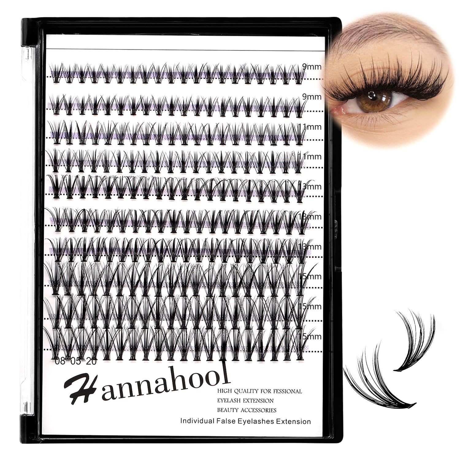 Hannahool 200Pcs 20Roots Individual False Lashes Mixed 8-10-12-14mm/9-11-13-15mm/10-12-14-16mm/16-18mm/18-20mm 0.07 Thickness Natural Cluster Lashes Makeup Volume Eye Lashes Extensions (9-11-13-15mm)