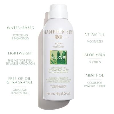 Hampton Sun Hydrating Aloe Continuous Mist, 5.0 oz. Soothing + Hydrating with Vitamin E Cooling Menthol for Quick, Long-Lasting Sunburn Relief Ultra-Fine Clear Mist Luxury After Sun Treatment