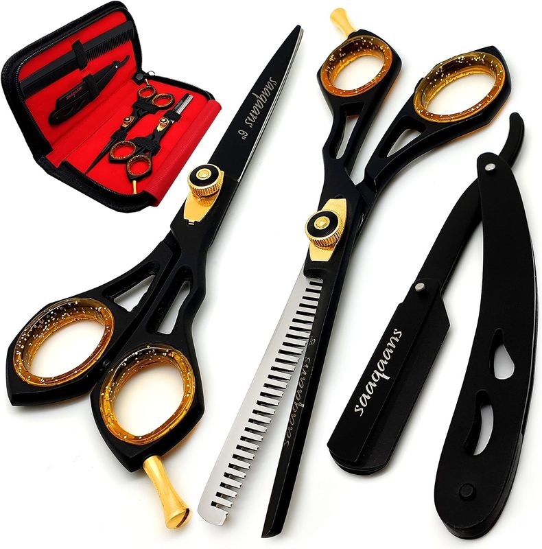 Saaqaans Professional Barber Shears Kit Tools - Hair Cutting Scissors Set for Hairdresser/Hair Salon + Thinning/Texture Hairdressing Haircut Shear for Beautician + Straight Razor + 10 Blades with Case